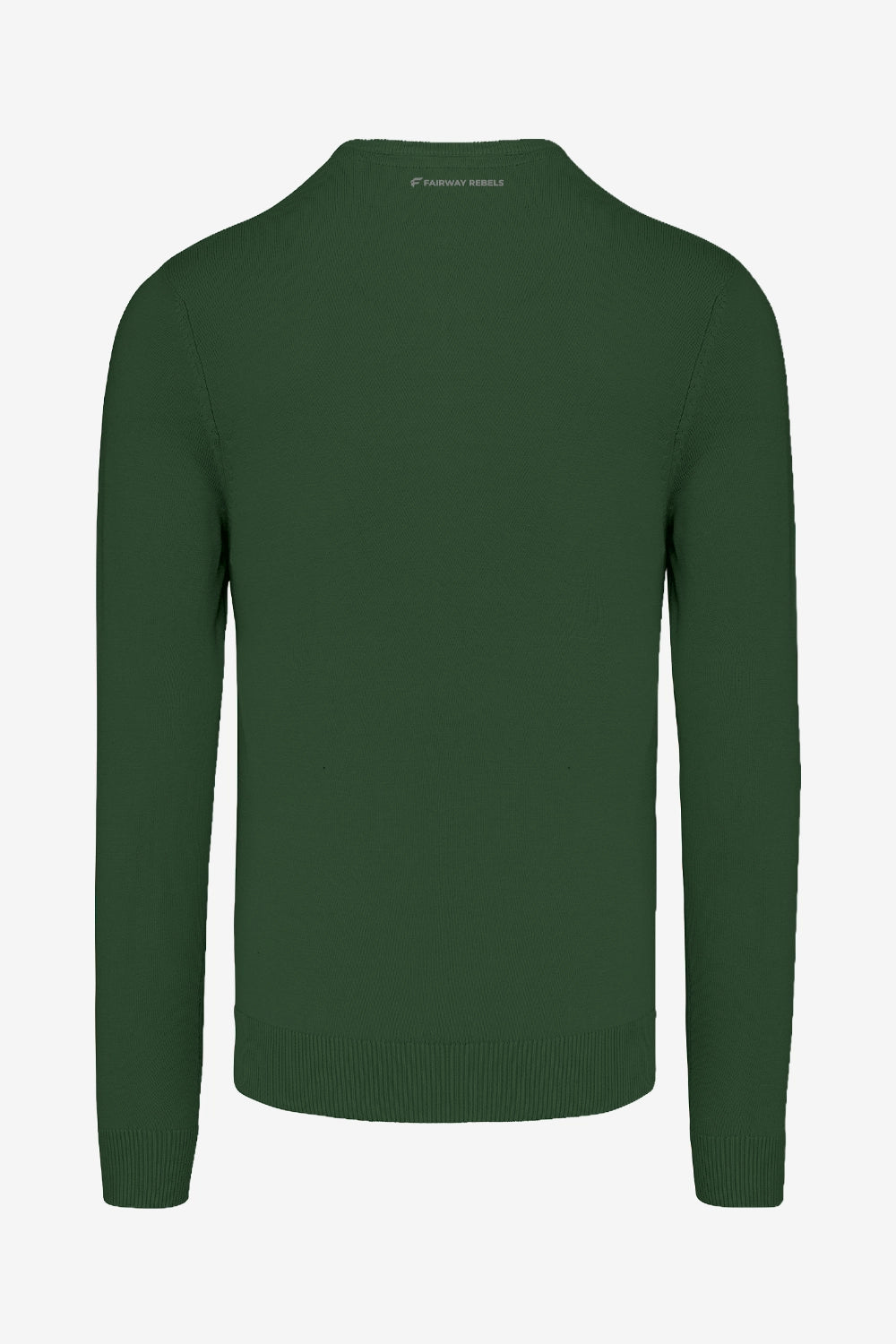 Pull homme col V vert, manches longues, côtes au bas et aux poignets.