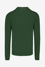 Pull homme col V vert, manches longues, côtes au bas et aux poignets.