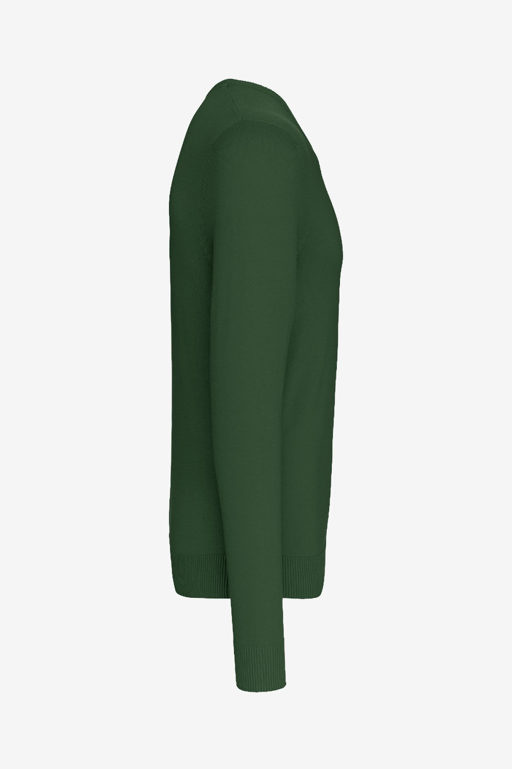 Pull de golf homme à col V vert, vue de profil, maille et bords côtelés.