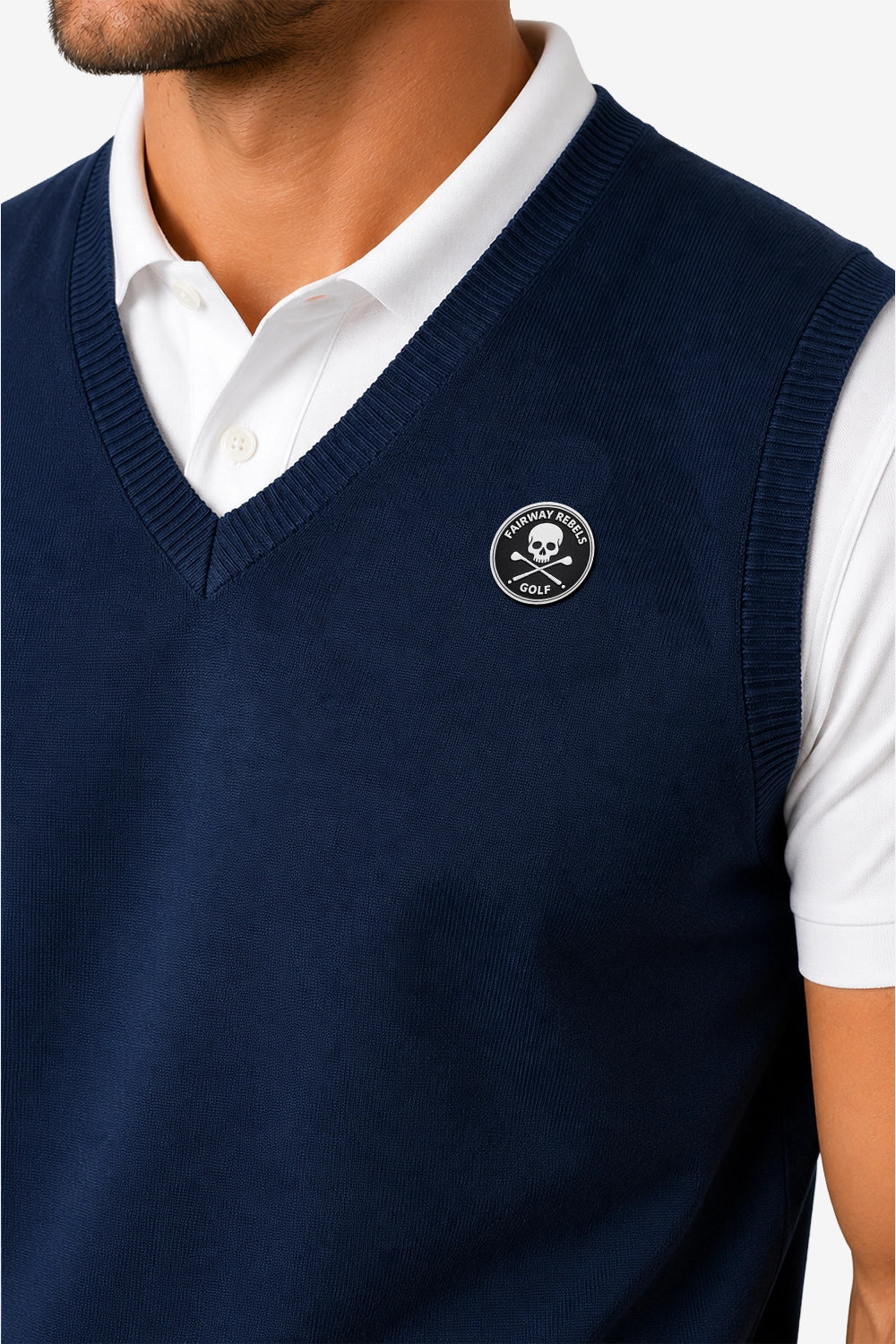 Pull sans manches bleu marine homme à col V, badge rond sur la poitrine