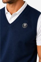 Pull sans manches bleu marine homme à col V, badge rond sur la poitrine