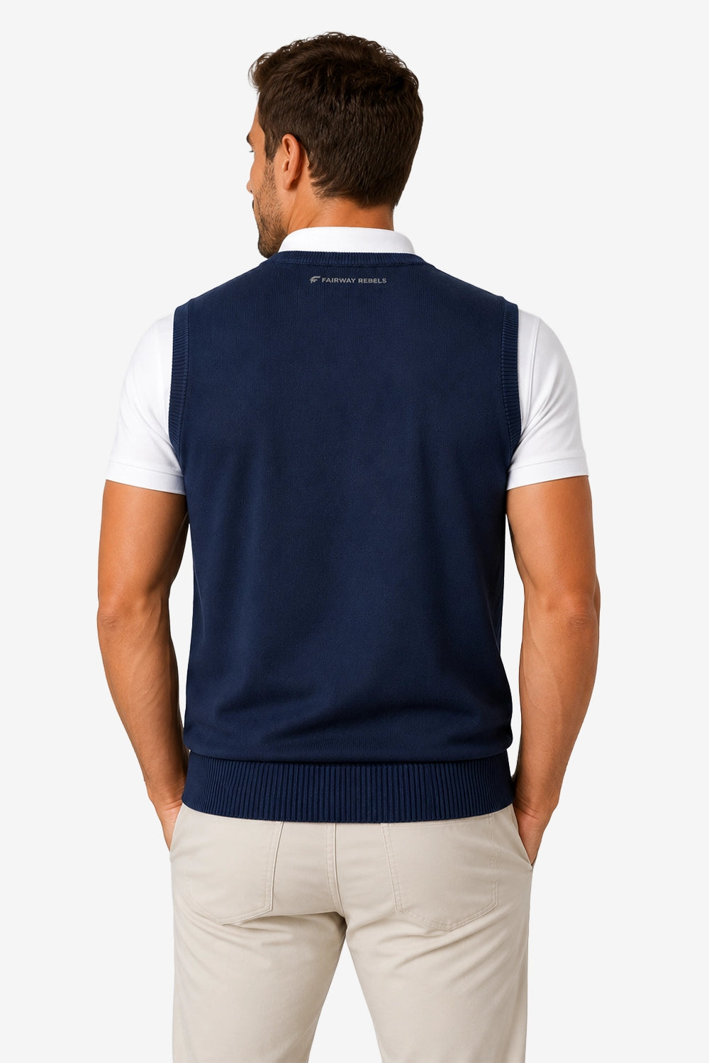 Pull sans manches bleu marine homme vu de dos, col V et bord côte en bas