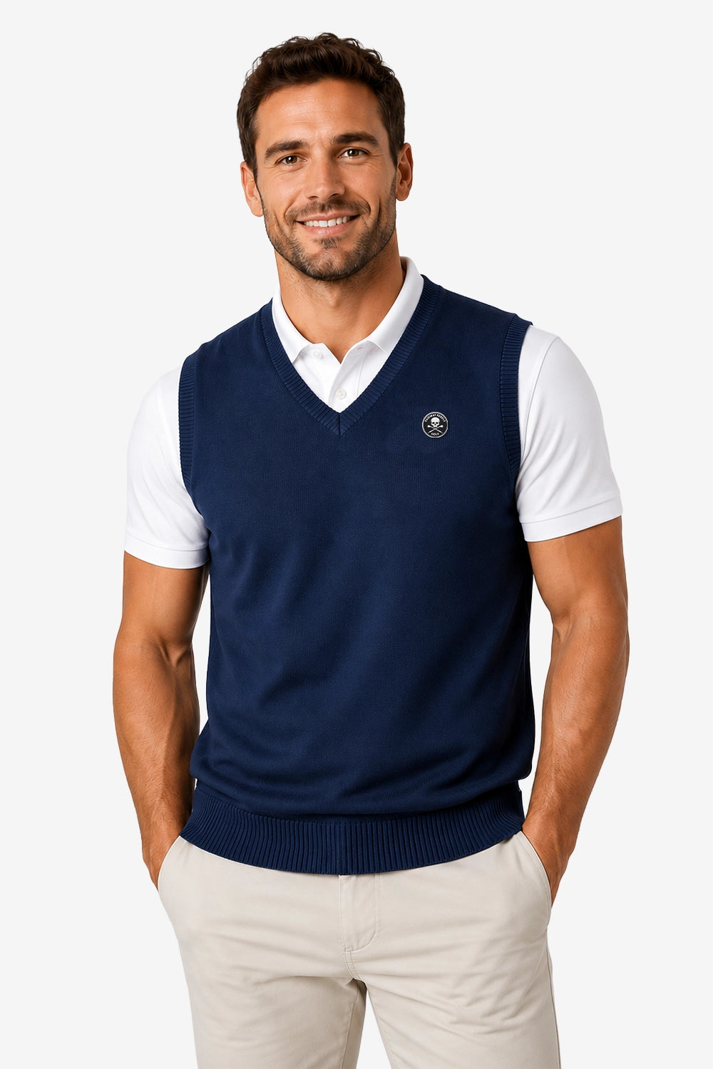 Pull sans manches bleu marine homme, col V, badge rond et finition maille côtelée