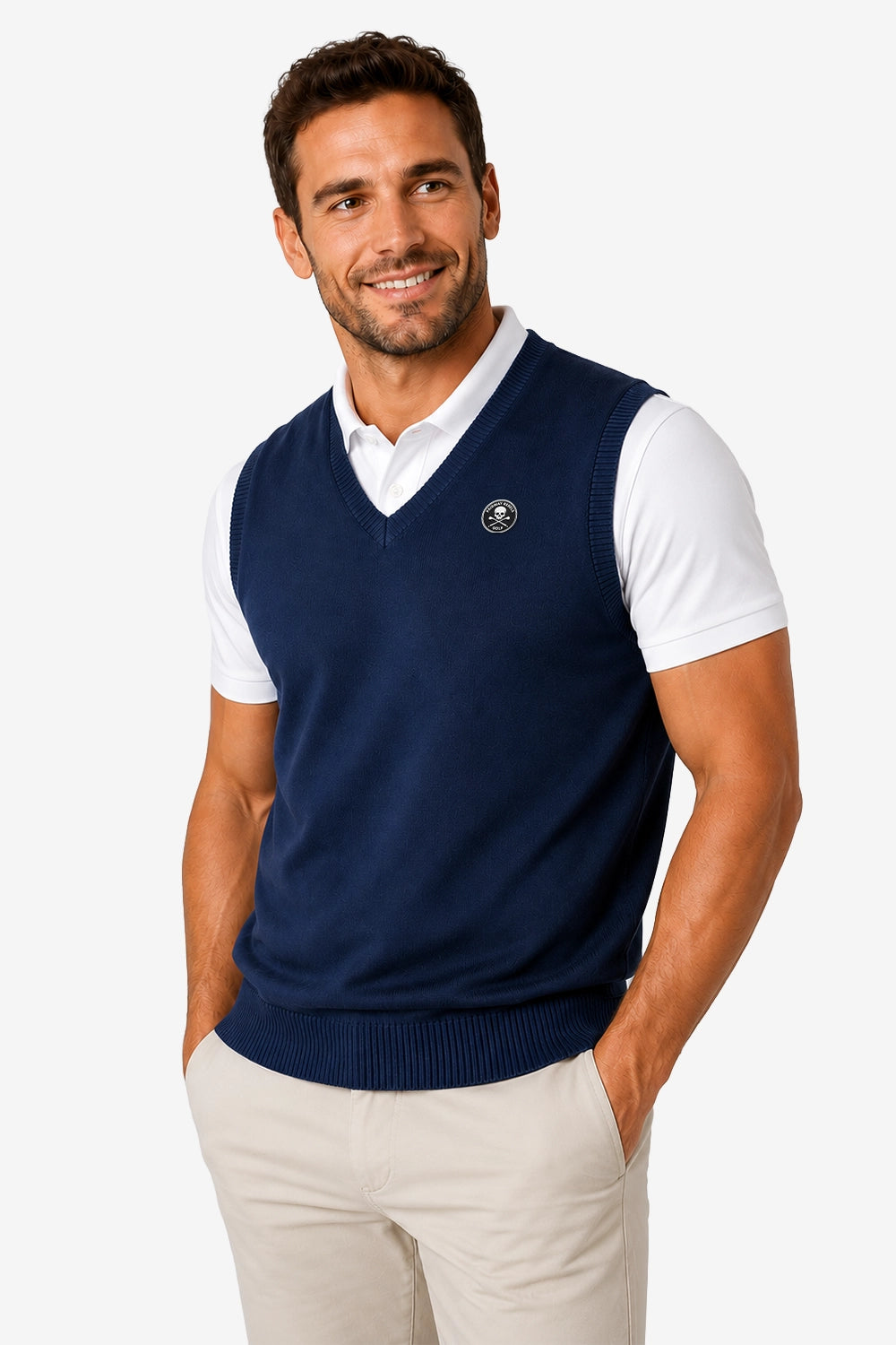 Pull sans manches bleu marine homme, col V et badge poitrine, bord côte en bas