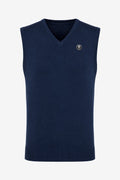 Pull sans manches bleu marine homme, col V, badge discret poitrine, coupe droite