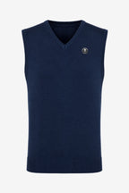 Pull sans manches bleu marine homme, col V, badge discret poitrine, coupe droite