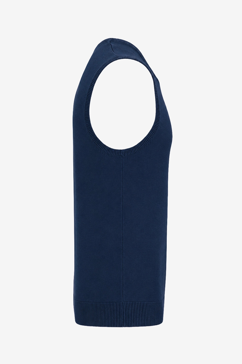 Pull sans manches bleu marine homme, col en V, vue de face à plat
