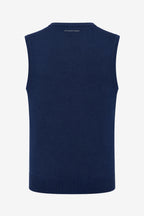 Pull sans manches bleu marine homme, vue de dos à plat, bord côte en bas