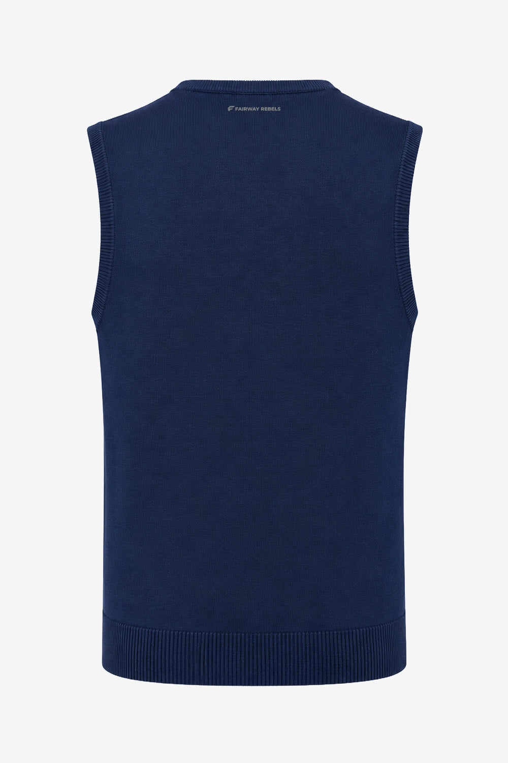 Pull sans manches bleu marine homme, vue de dos à plat, bord côte en bas