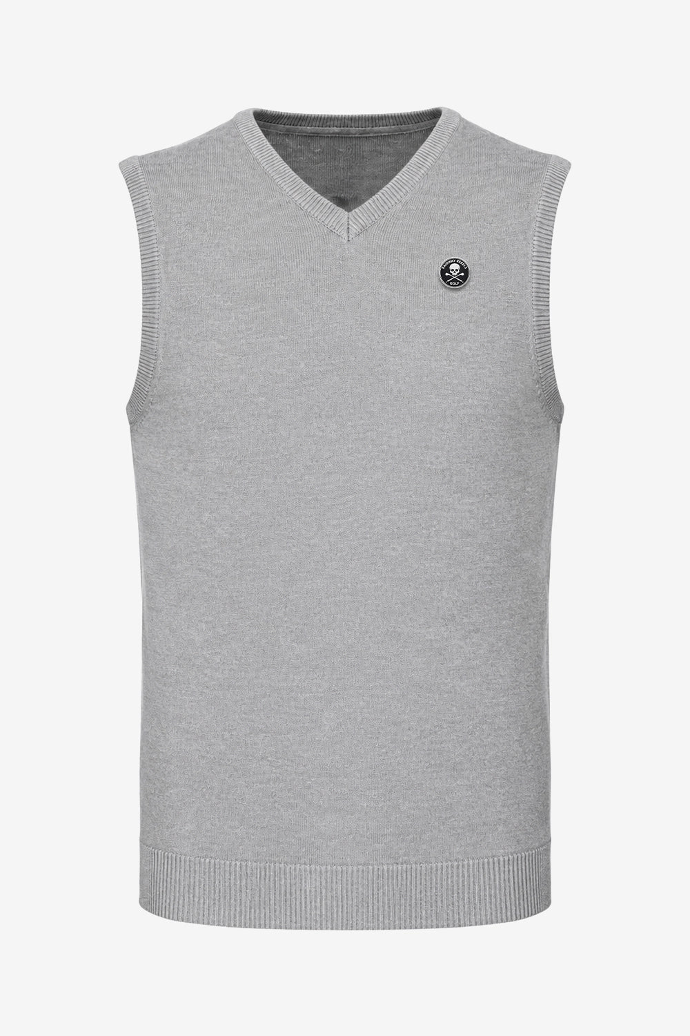 Gilet sans manches homme col V gris, écusson poitrine et bord côte au bas