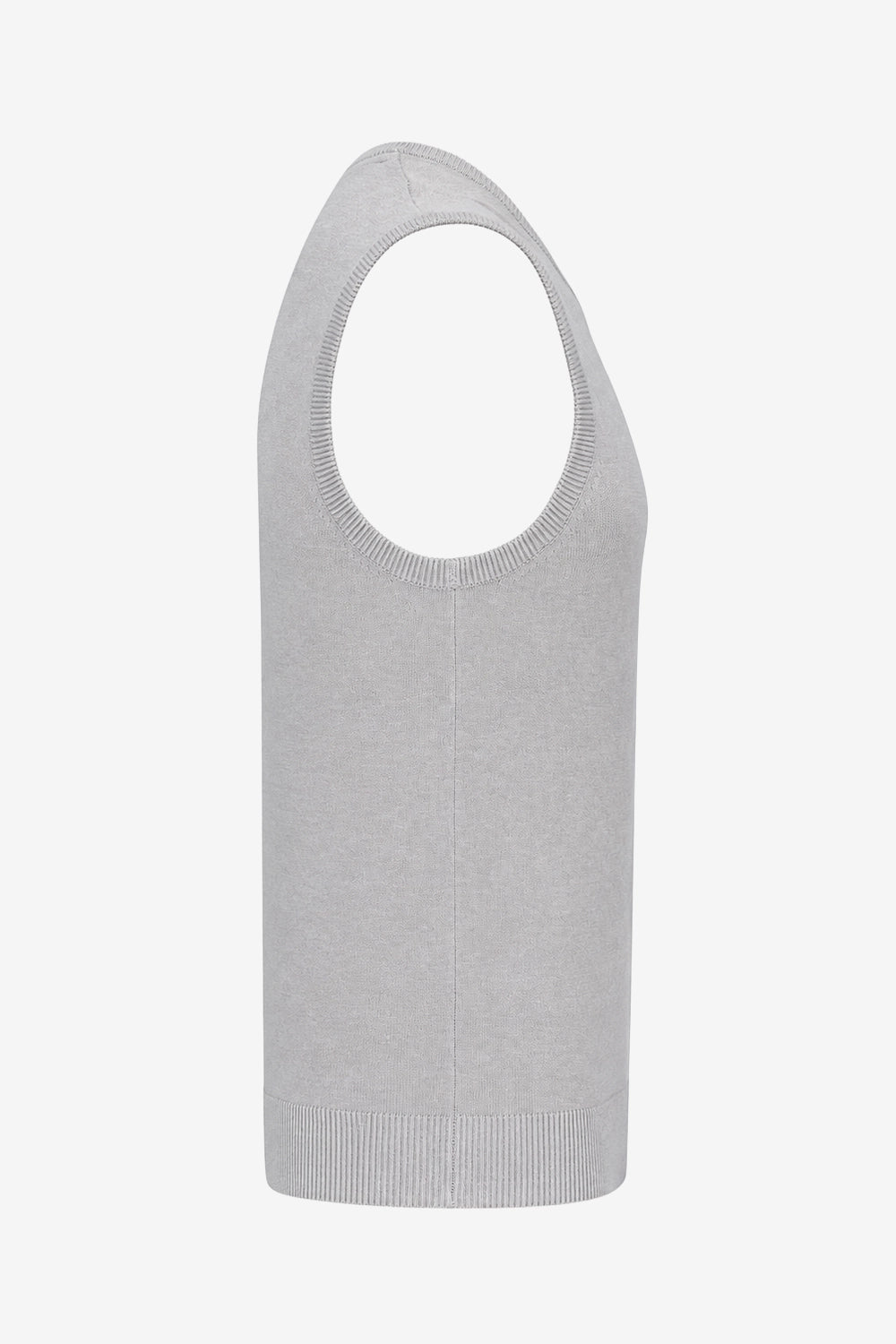 Gilet sans manches gris, vue de face, encolure et bord côte bas