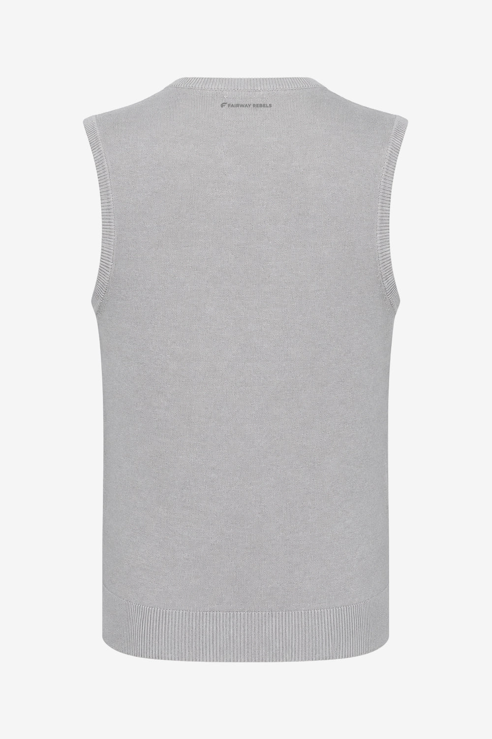 Gilet sans manches gris, vue arrière, encolure dégagée et bord côte bas