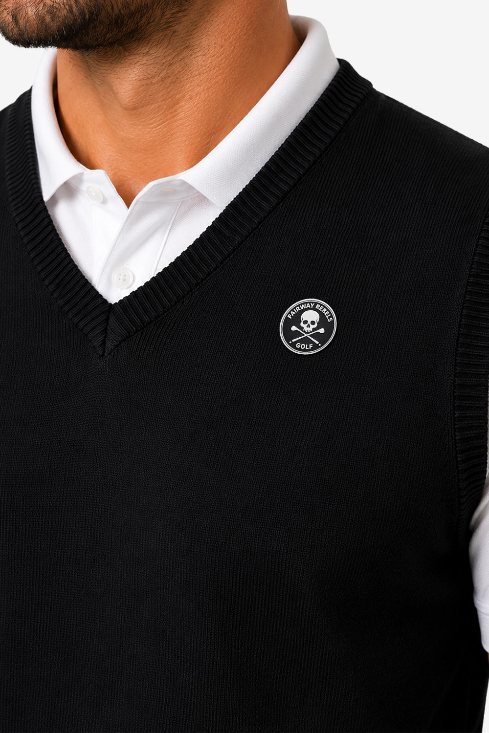 Gilet sans manches noir col V, écusson rond, finition tricot côtelé près du cou