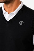 Gilet sans manches noir col V, écusson rond, finition tricot côtelé près du cou