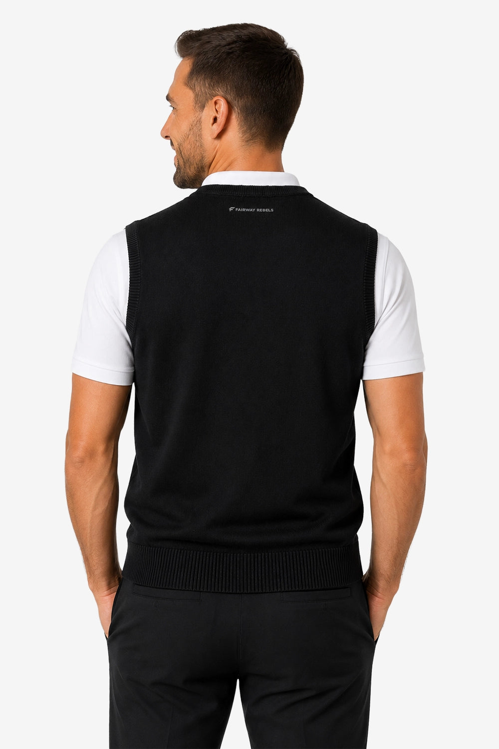 Gilet sans manches noir vue arrière, bord côte au bas