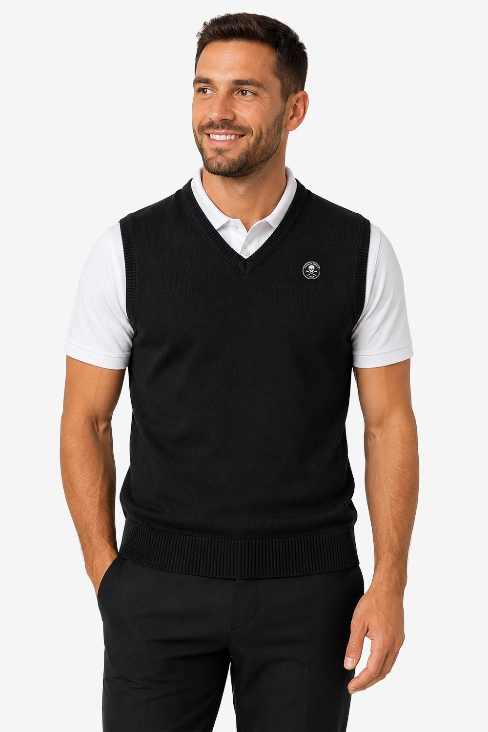 Gilet sans manches noir homme col V avec écusson sur la poitrine