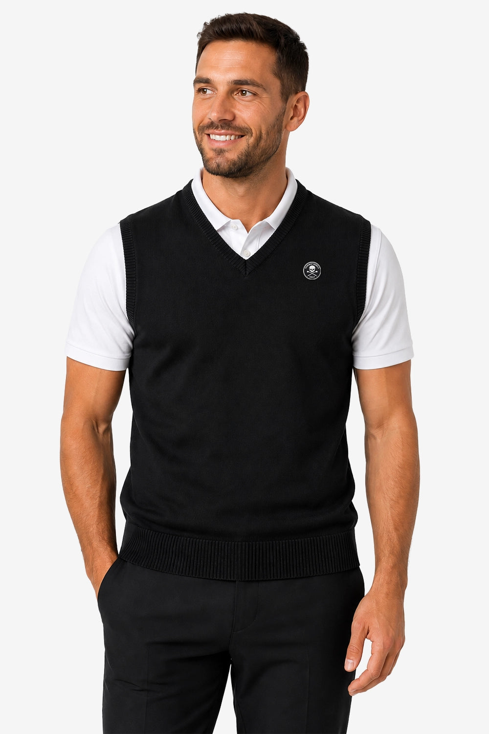 Gilet sans manches noir homme, vue de trois-quarts, col V et bord côte bas