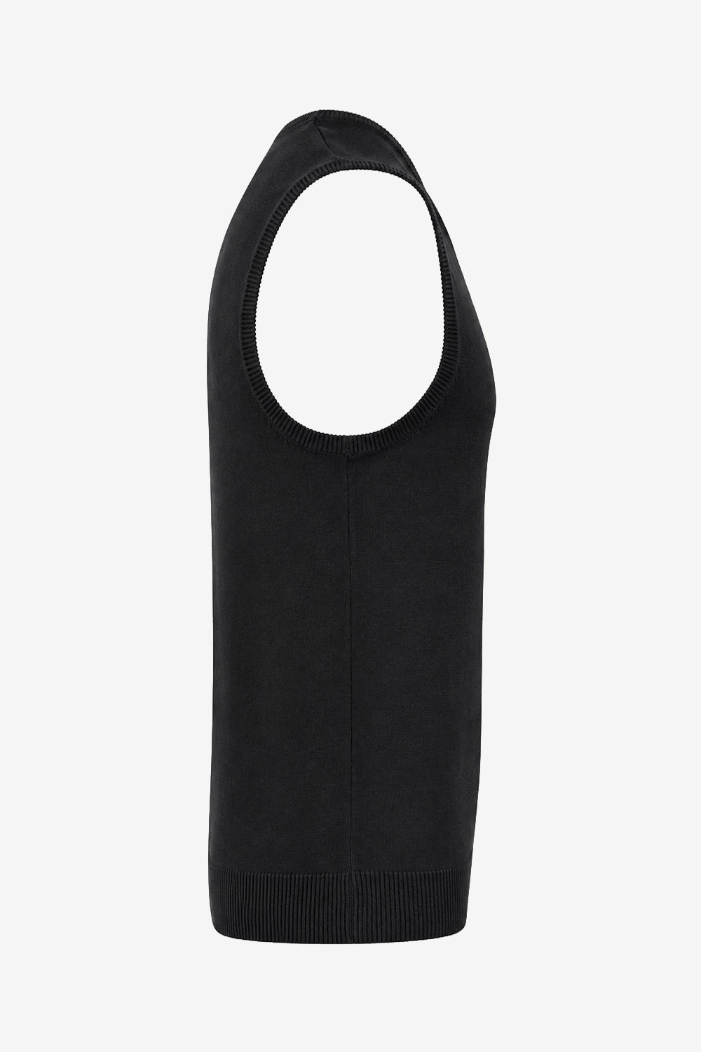 Gilet sans manches noir vue de face, encolure en V et bord côte bas
