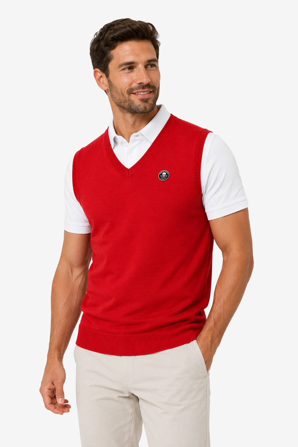 Pull de golf sans manches rouge pour homme, col V, écusson poitrine visible