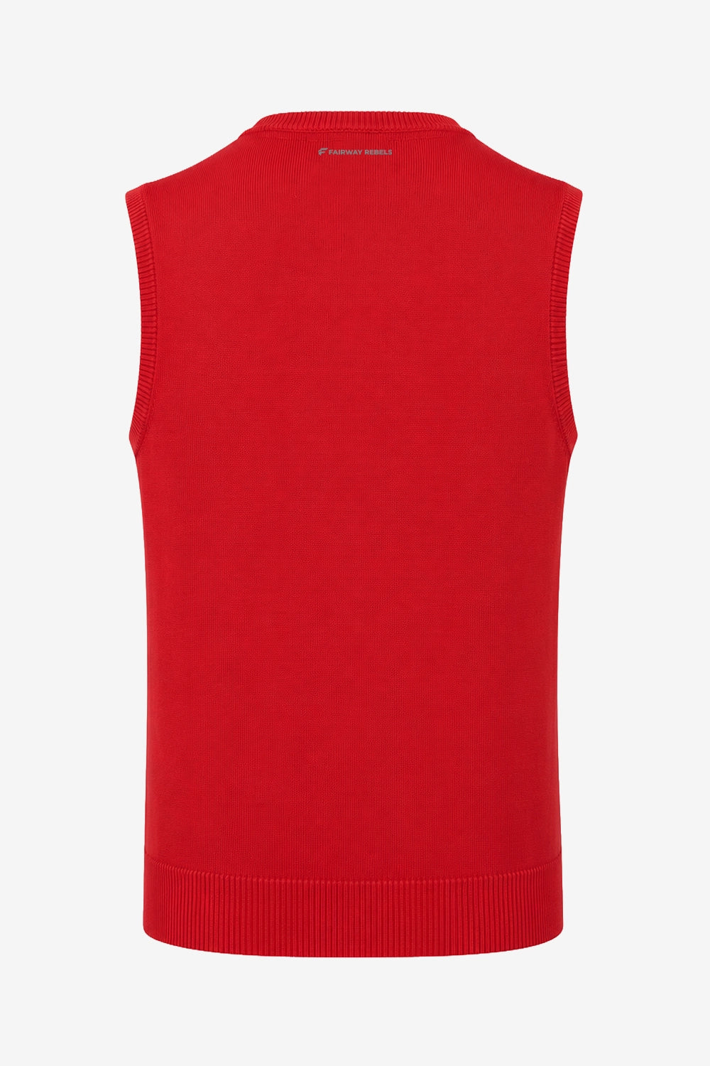 Pull de golf sans manches rouge pour homme, vue de dos, bord côtelé bas
