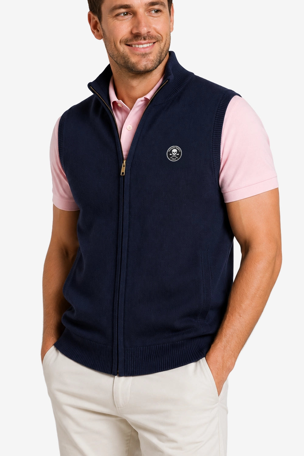 Gilet golf zippé sans manches bleu marine, fermeture éclair dorée, logo poitrine.