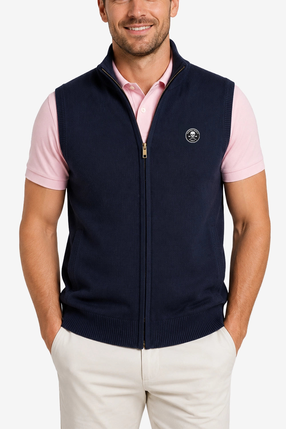 Gilet golf zippé sans manches bleu marine à col montant, écusson poitrine.