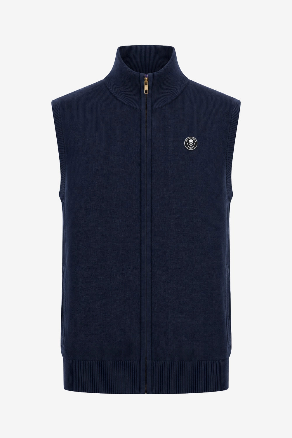 Gilet de golf homme sans manches zippé, bleu marine, zip central et écusson