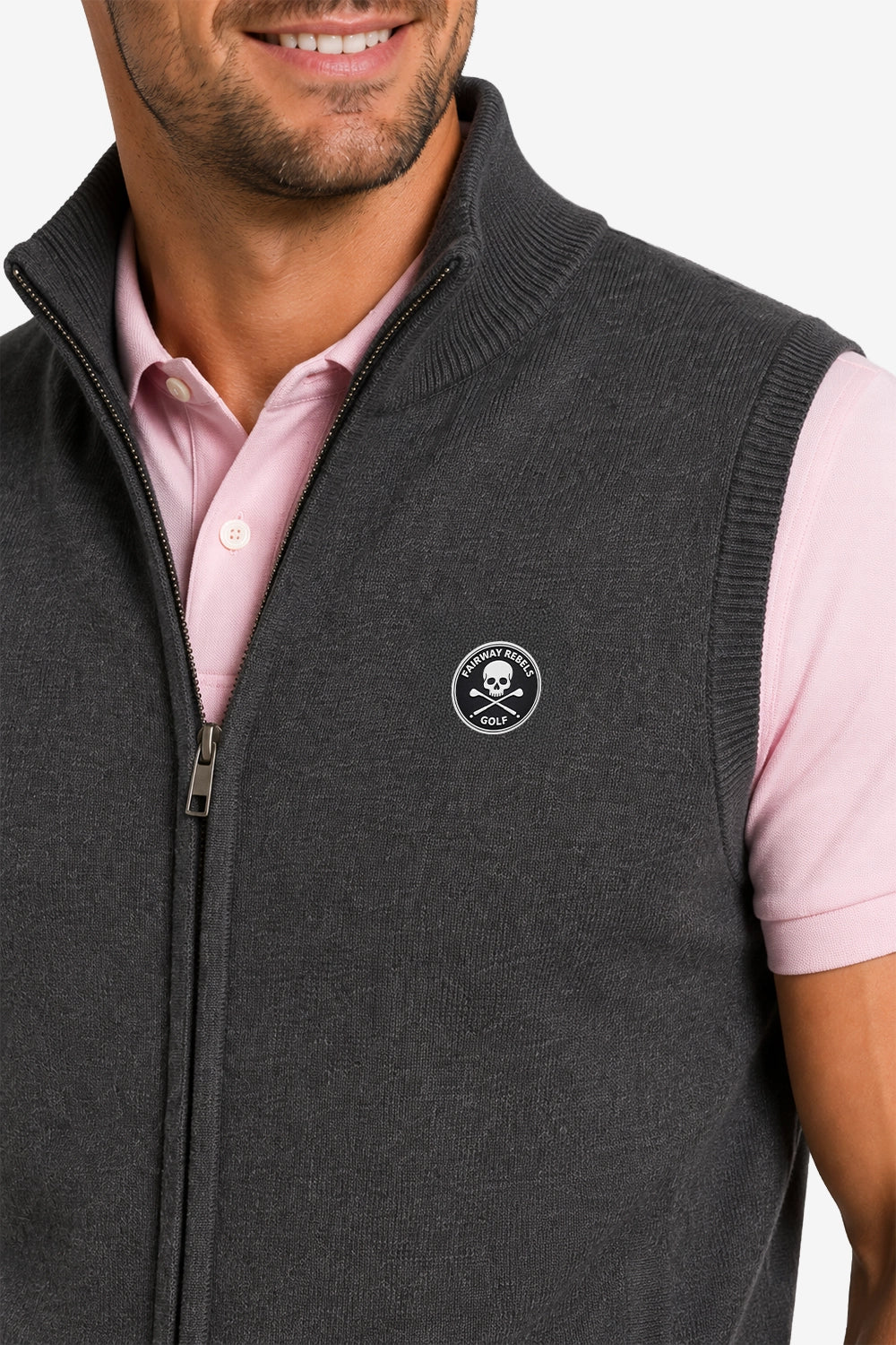 Gilet de golf homme sans manches zippé, gris foncé, col montant