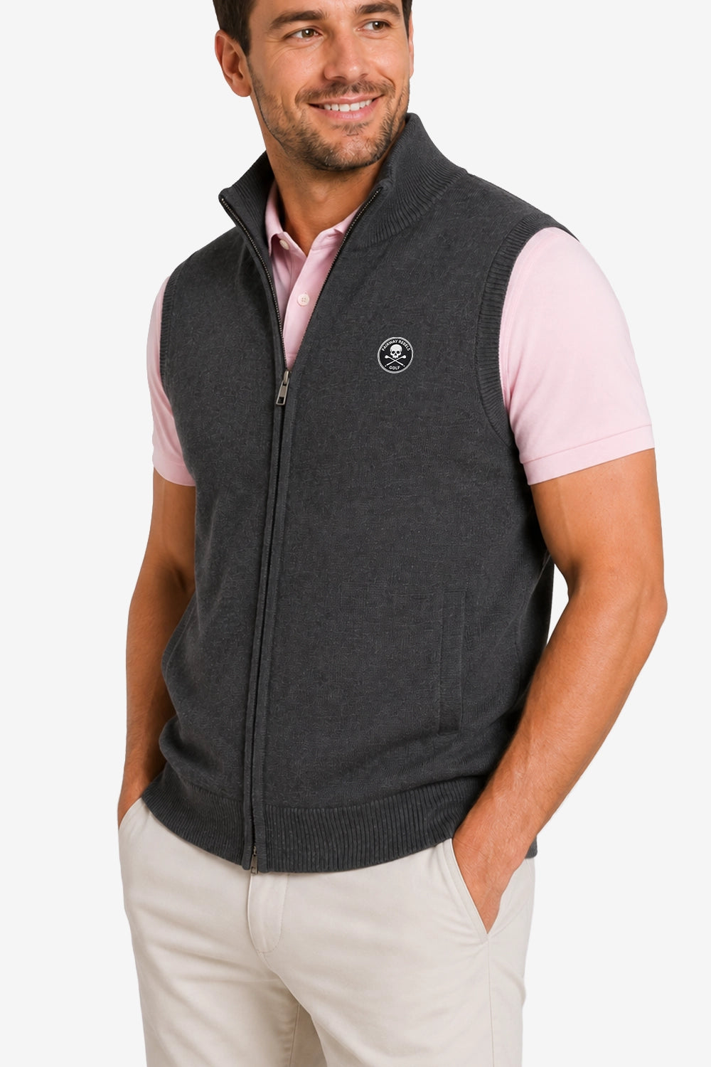 Gilet golf zippé sans manches gris anthracite, col montant et logo poitrine.