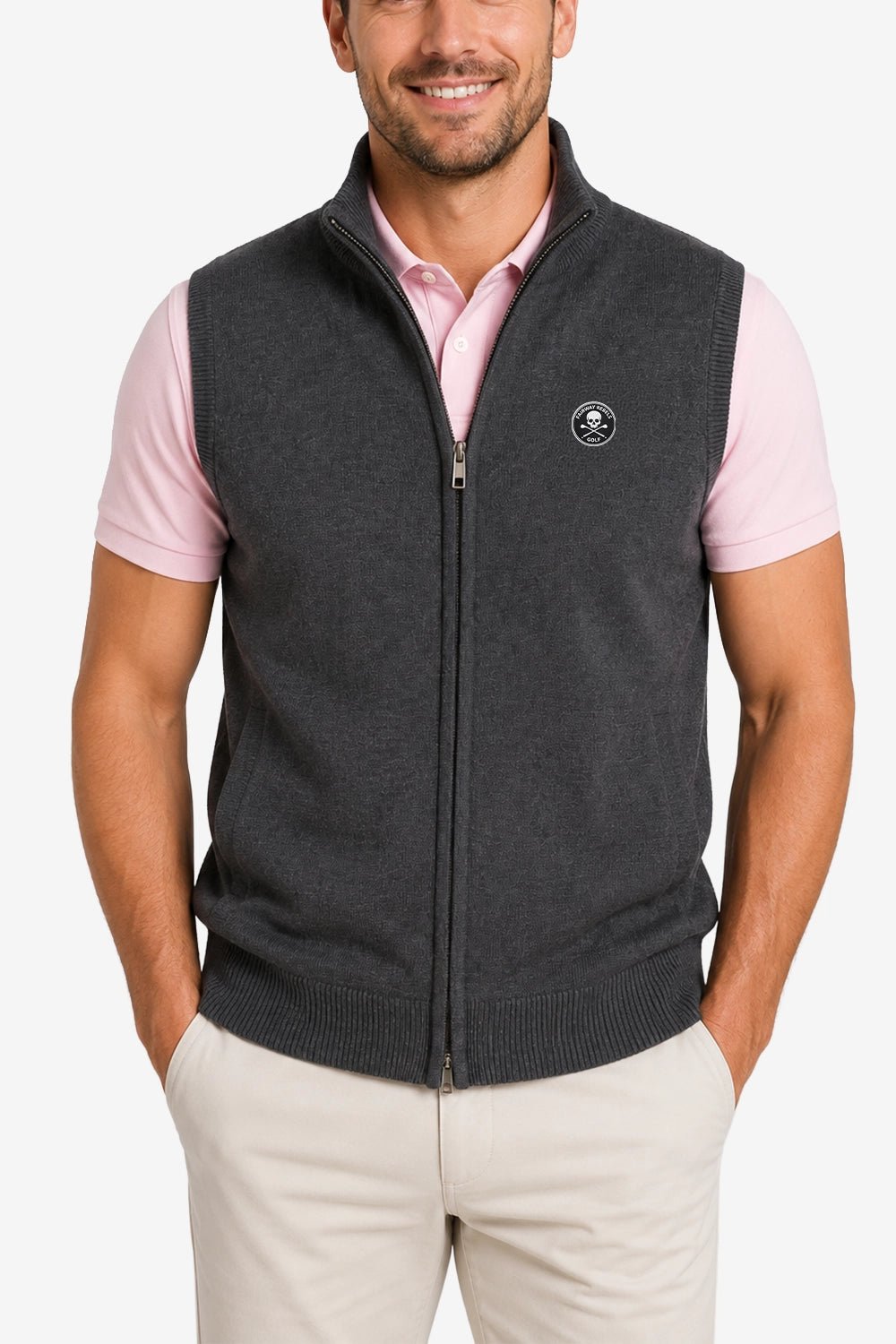 Gilet golf zippé sans manches gris anthracite, fermeture zippée, logo poitrine.