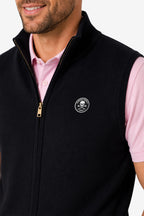 Gilet de golf homme sans manches zippé, noir, col montant et écusson