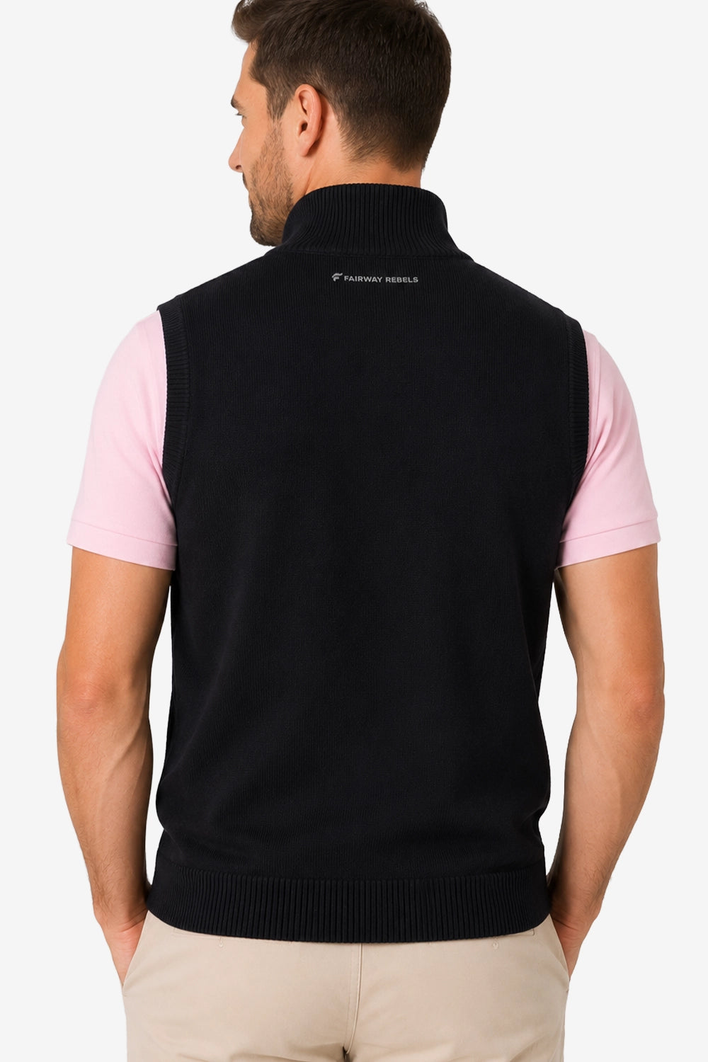 Gilet golf zippé sans manches noir à l’arrière, bord côte bas, logo dos.