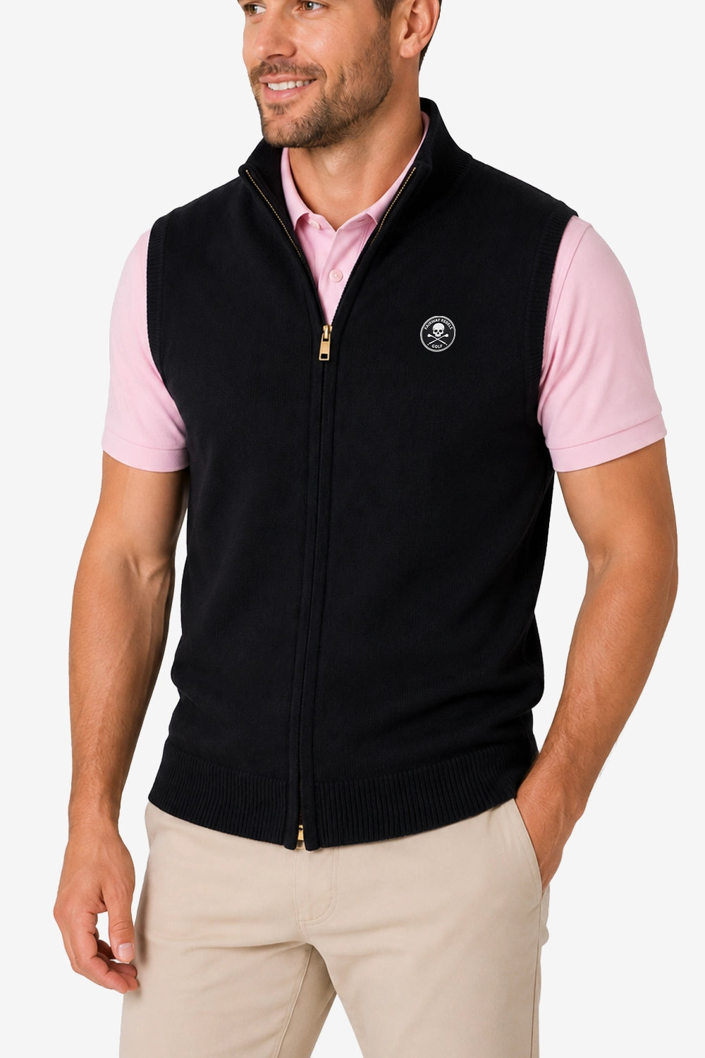 Gilet golf zippé sans manches noir, bord côte bas, logo poitrine.