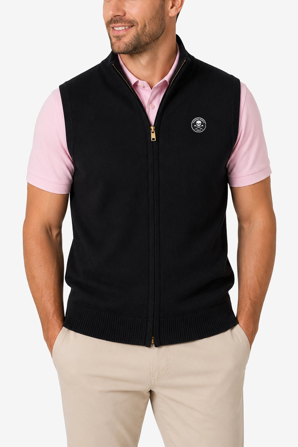 Gilet golf zippé sans manches noir à col montant, logo poitrine.