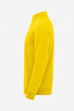 Pull golf technique homme jaune, vue de côté, col montant et fermeture zippée