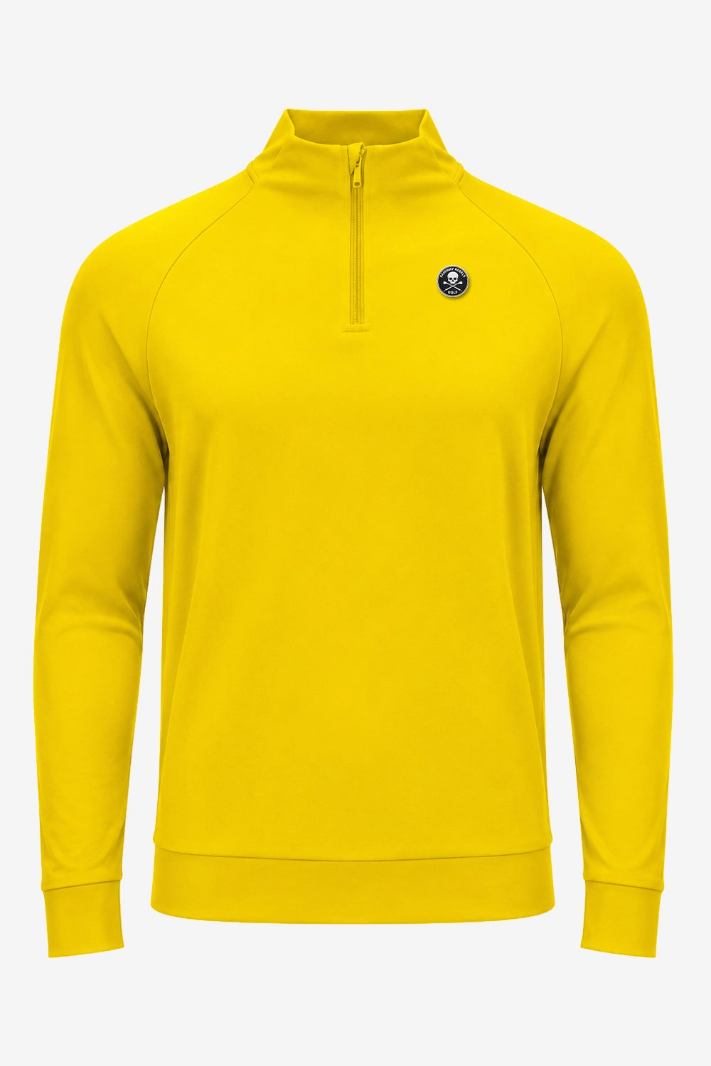 Pull golf technique homme jaune, vue de face, col montant zippé et petit écusson