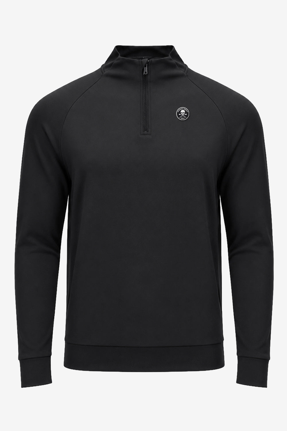 Pull golf technique homme noir, vue de face, demi-zip au col et écusson poitrine