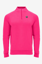 Pull golf technique homme rose fuchsia, vue de face, zip au col et écusson