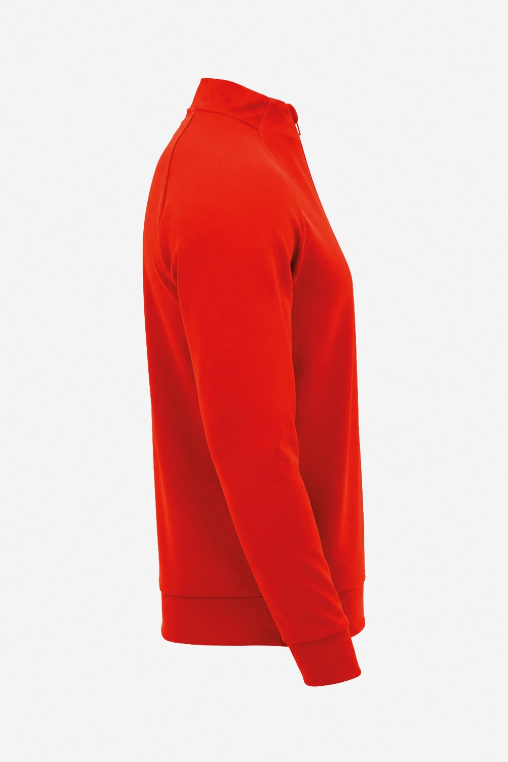 Pull de golf technique homme rouge, vue de côté, col zippé, manches longues côtelées.