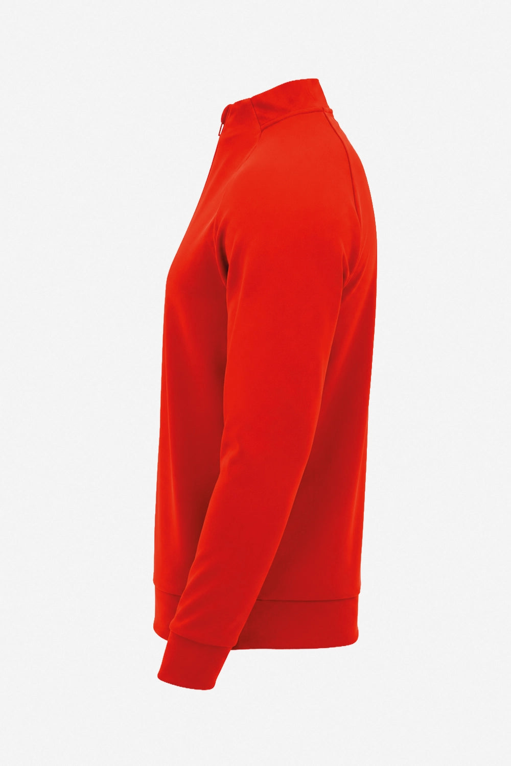 Pull de golf technique homme rouge, vue de profil, col zippé, poignets côtelés.