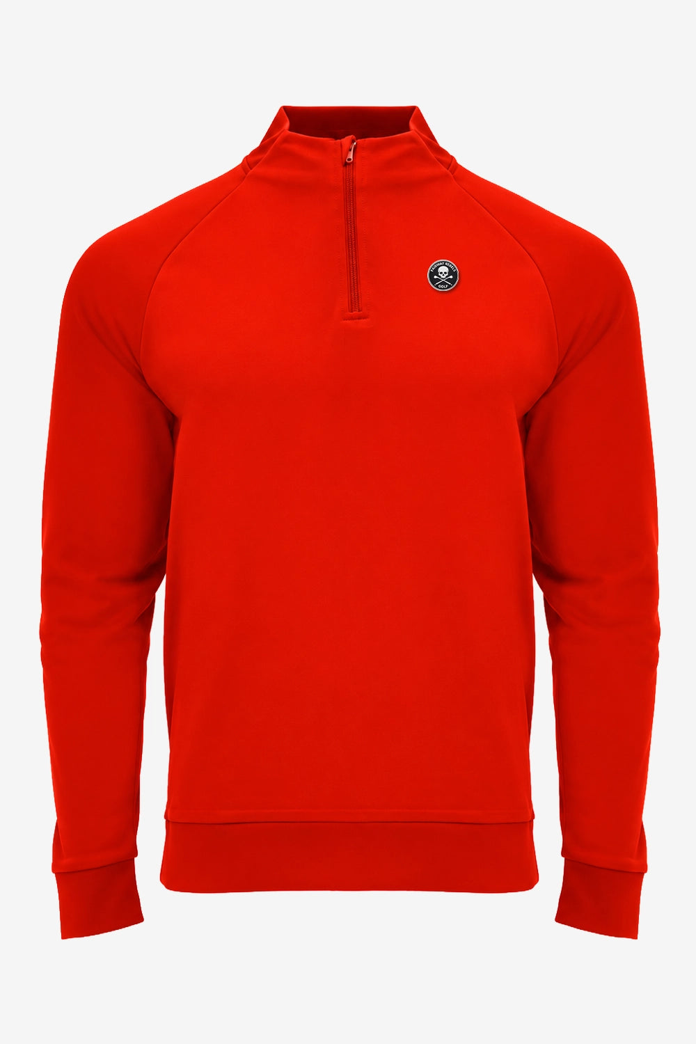 Pull de golf technique homme rouge, demi-zip au centre, logo rond poitrine.