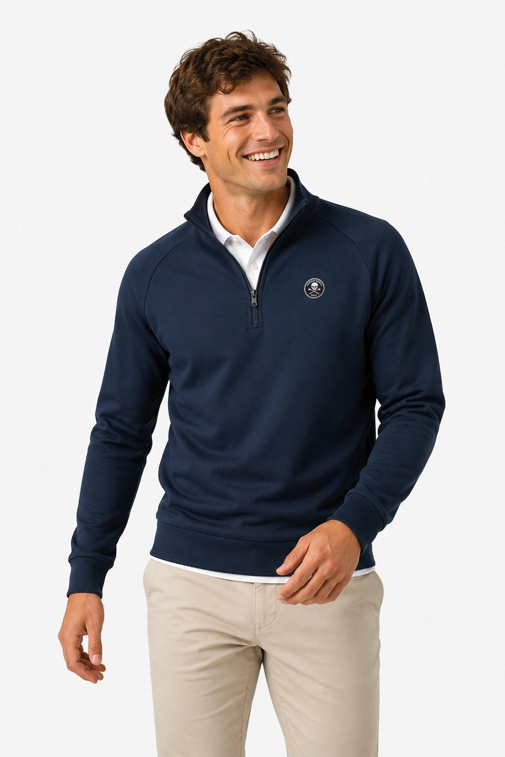Pull de golf technique homme bleu marine, demi-zip, logo rond poitrine, manches longues.