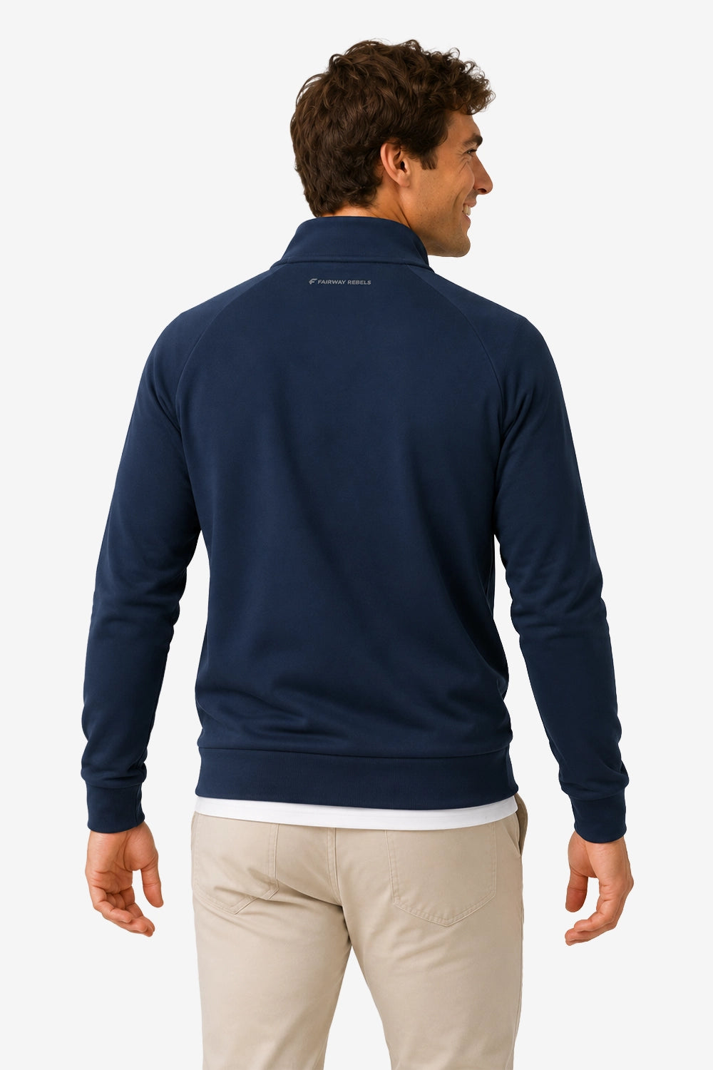 Pull de golf technique homme bleu marine, vue de dos, col droit, finitions côtelées.