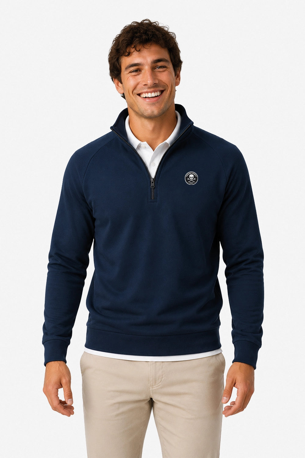 Pull de golf technique homme bleu marine, demi-zip, logo rond poitrine, coupe classique.