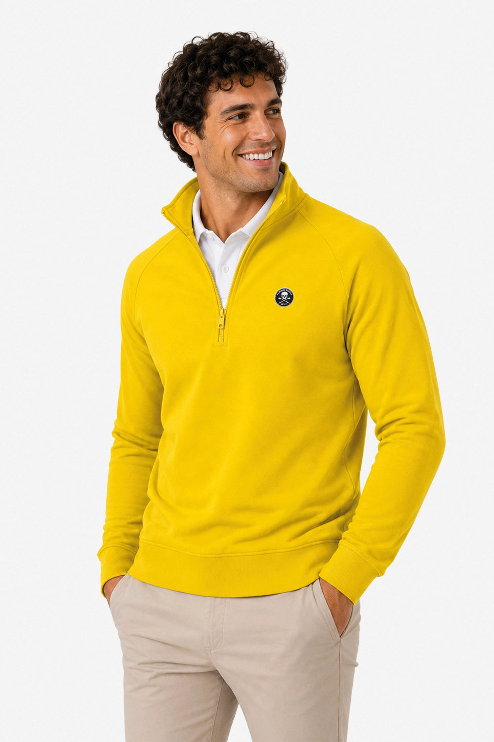 Pull homme jaune technique, demi-zip avec col montant et logo poitrine ronde.