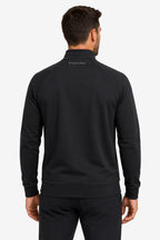 Pull homme noir vu de dos, col montant et petite mention au niveau de la nuque.