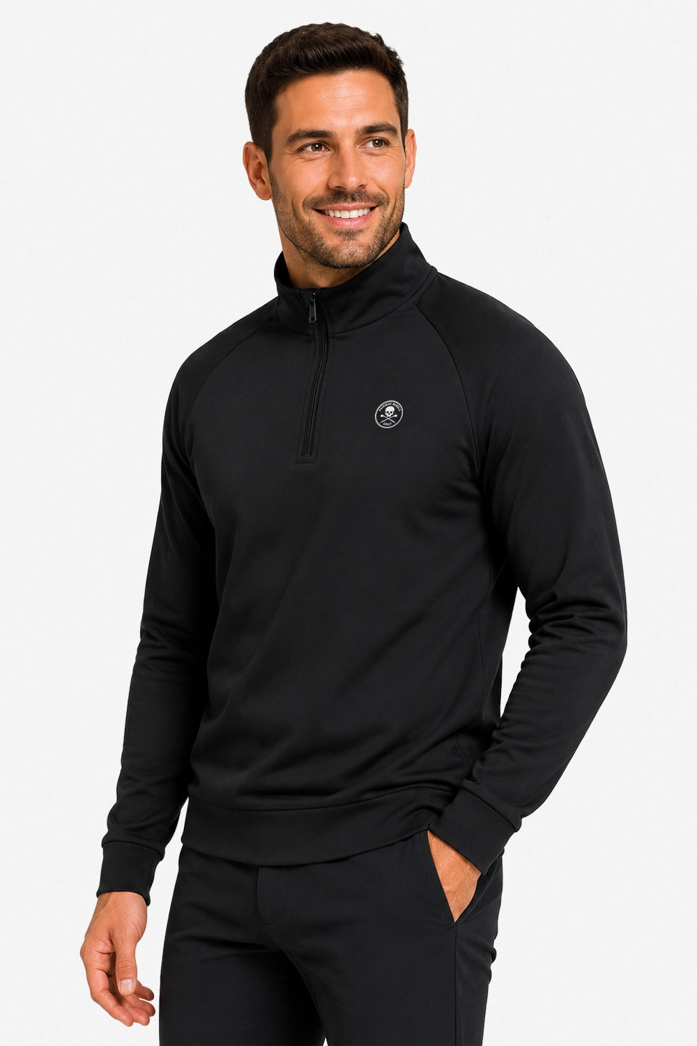 Pull homme noir technique, demi-zip avec col montant et logo poitrine ronde.