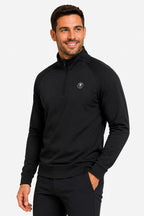 Pull homme noir technique, demi-zip avec col montant et logo poitrine ronde.