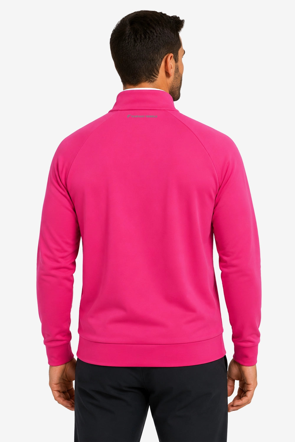 Pull de golf homme rose à demi-zip, col montant, dos avec logo discret