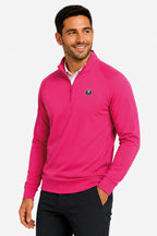 Pull de golf homme rose à demi-zip, col montant, manches longues, logo poitrine